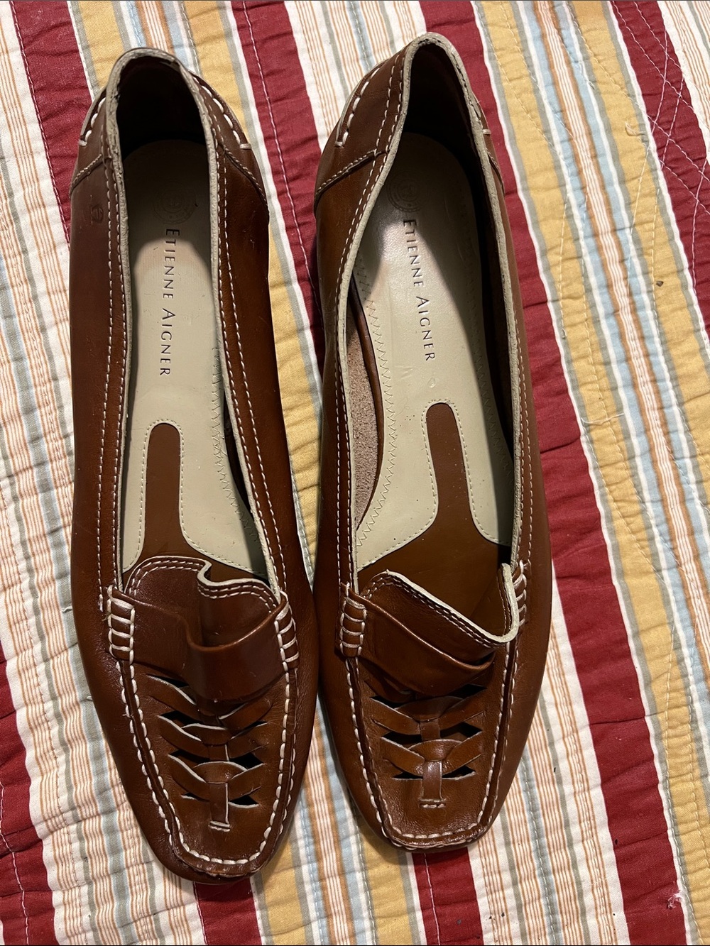 Etienne Aigner Cognac Brown Leather Woven Penny Loafers 10M